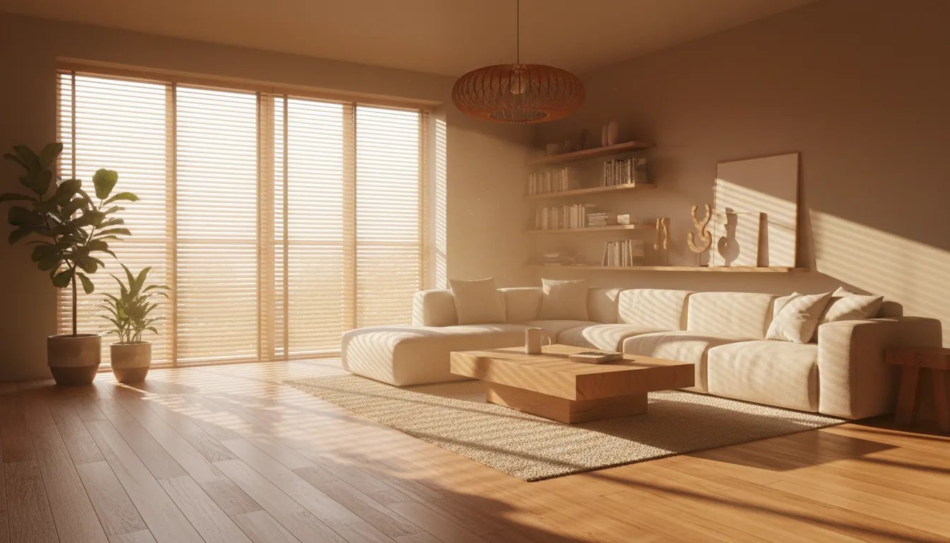 Ein fotorealistisches Innenraum-Rendering eines modernen Wohnzimmers mit warmen Eichenholzböden und einem weichen, sonnendurchfluteten Effekt des warmen Holzglanzes, der von einem großen Fenster kommt.