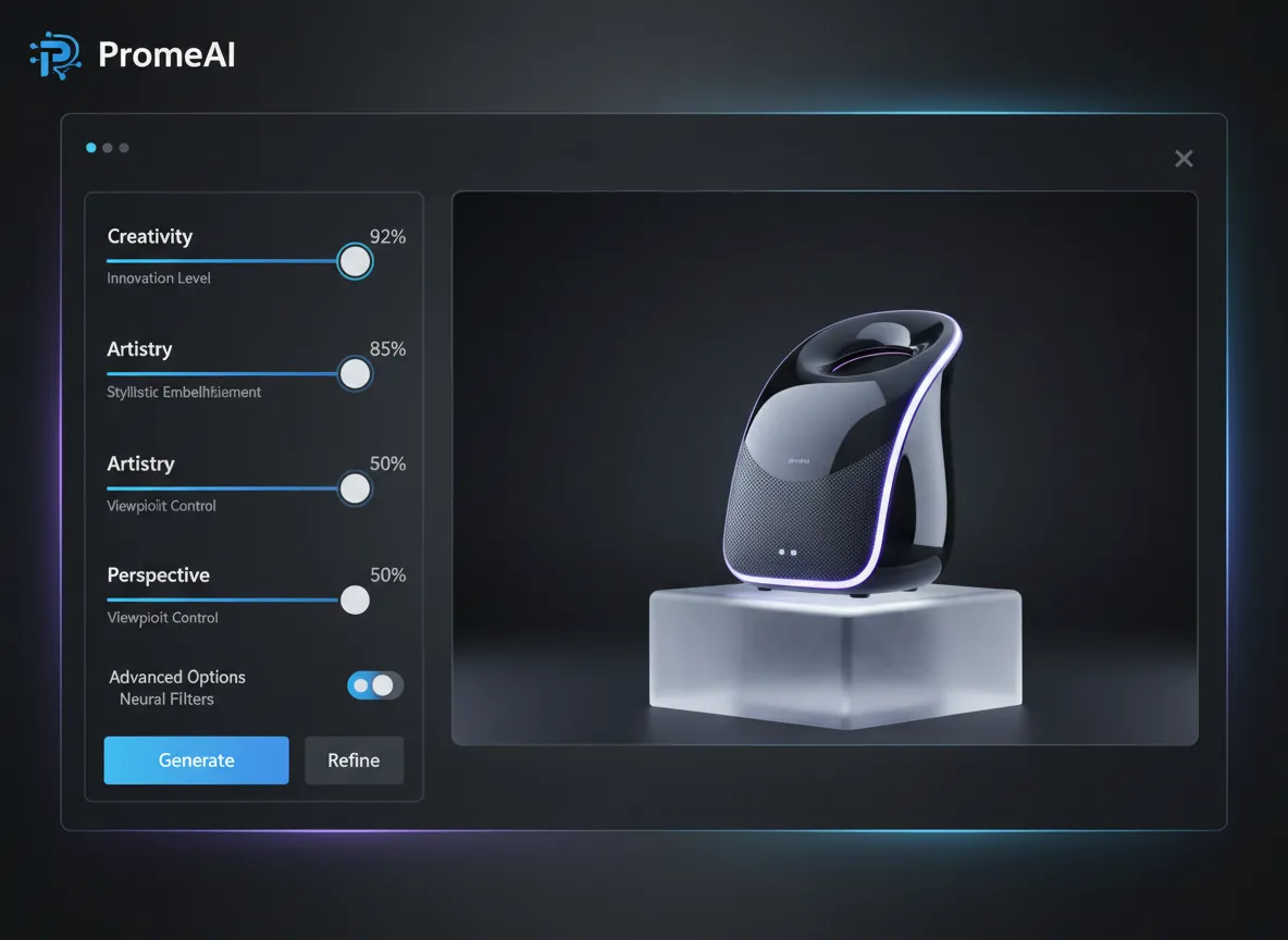 PromeAI का एक इंटरफ़ेस जो एक कुरसी पर रखे उत्पाद की जनरेट की गई छवि के बगल में 'रचनात्मकता,' 'कलात्मकता,' और 'परिप्रेक्ष्य' के लिए उन्नत सेटिंग्स स्लाइडर्स दिखा रहा है।
