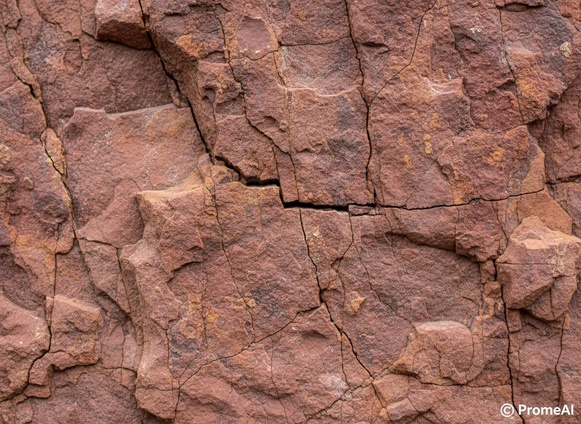 Eine detaillierte Nahaufnahme einer roten Felswandtextur, die von PromeAI erzeugte feine Risse und ein Naturstein-Finish zeigt.