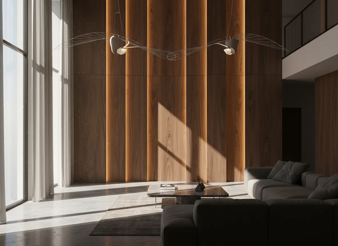 Ein Innenarchitektur-Rendering, das eine fortschrittliche Beleuchtung für die Architekturvisualisierung demonstriert, mit dramatischen Schatten und Lichtern, die eine hinterleuchtete Holzwand betonen.