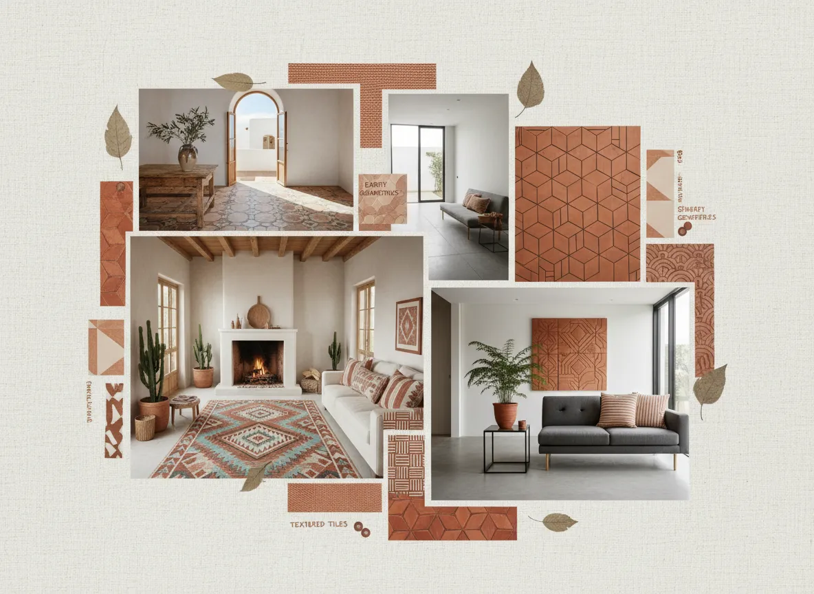 विभिन्न इंटीरियर स्टाइल्स का एक मूड बोर्ड कोलाज, जिसमें मेडिटेरेनियन, साउथवेस्टर्न, और मॉडर्न शामिल हैं, और सभी में टेराकोटा ज्योमेट्रिक पैटर्न हैं।