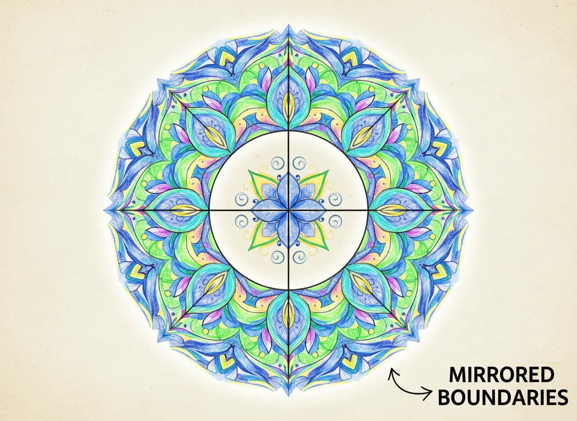 Ein komplexes, farbenfrohes Mandala-Muster, das aus einem einfach skizzierten Quadranten generiert wurde und die Fähigkeit von Mirrored Boundaries zur Mustererstellung demonstriert.