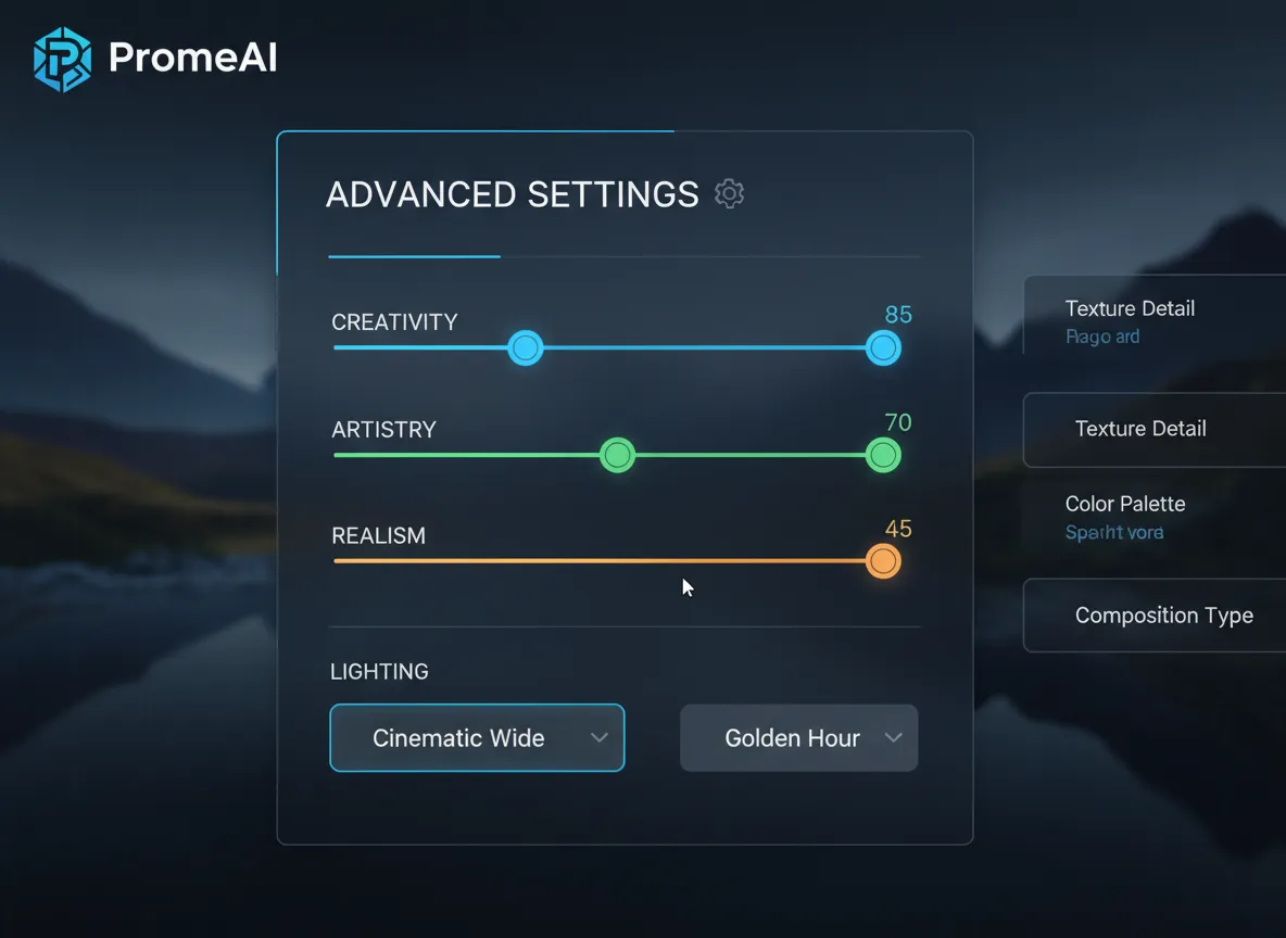 PromeAI यूजर इंटरफेस का एक क्लोज-अप स्क्रीनशॉट, जो 'क्रिएटिविटी,' 'आर्टिस्ट्री' के लिए स्लाइडर्स और 'पर्सपेक्टिव' और 'लाइटिंग' के लिए ड्रॉपडाउन मेनू के साथ उन्नत सेटिंग्स पैनल को उजागर करता है।
