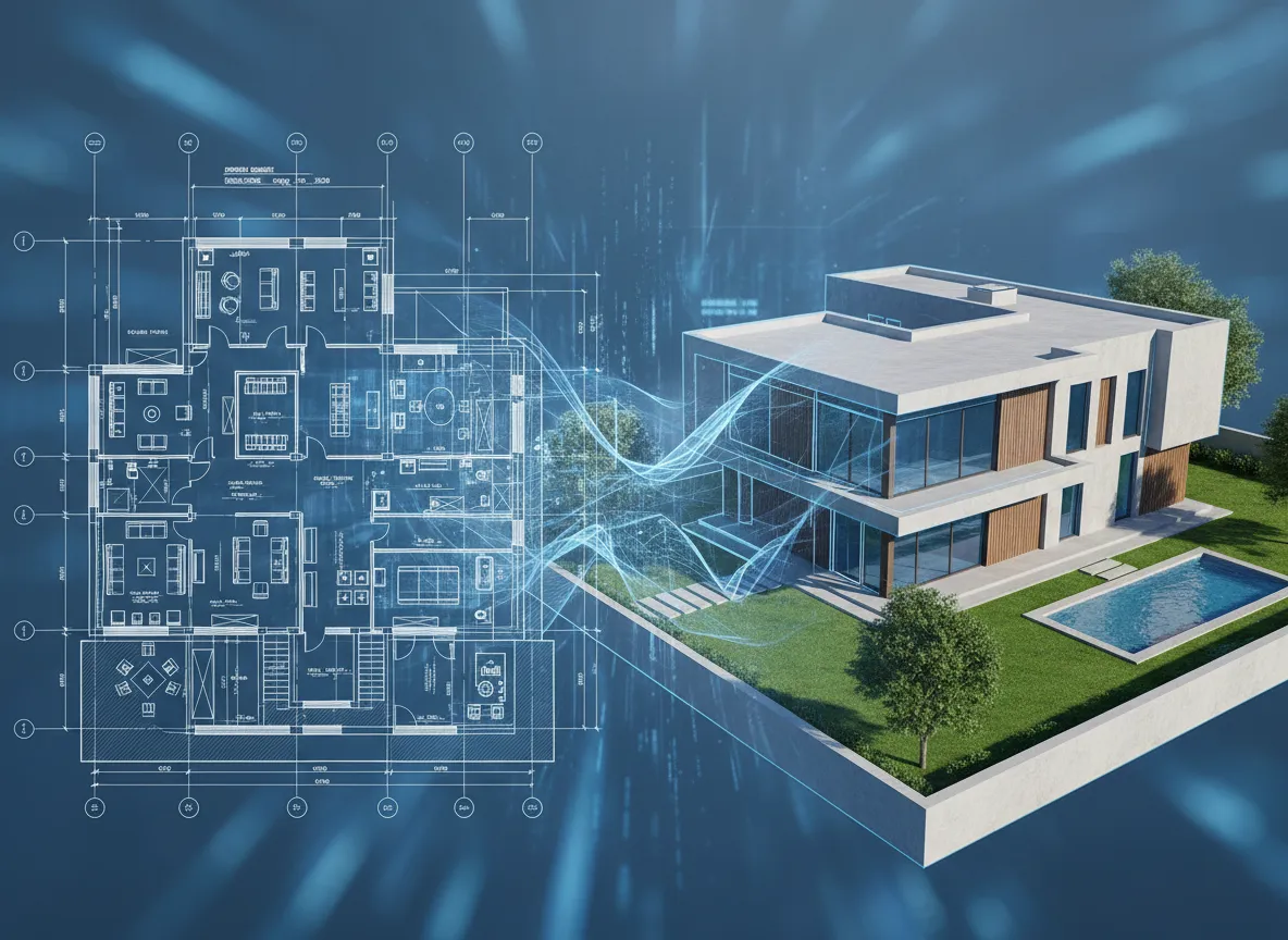 एक अत्यधिक विस्तृत आर्किटेक्चरल ब्लूप्रिंट का क्लोज-अप शॉट, जो एक फ़ोटो-यथार्थवादी 3D रेंडर में बदल रहा है, जिसमें स्पष्ट रेखाओं और सटीक कोणों पर ज़ोर दिया गया है।