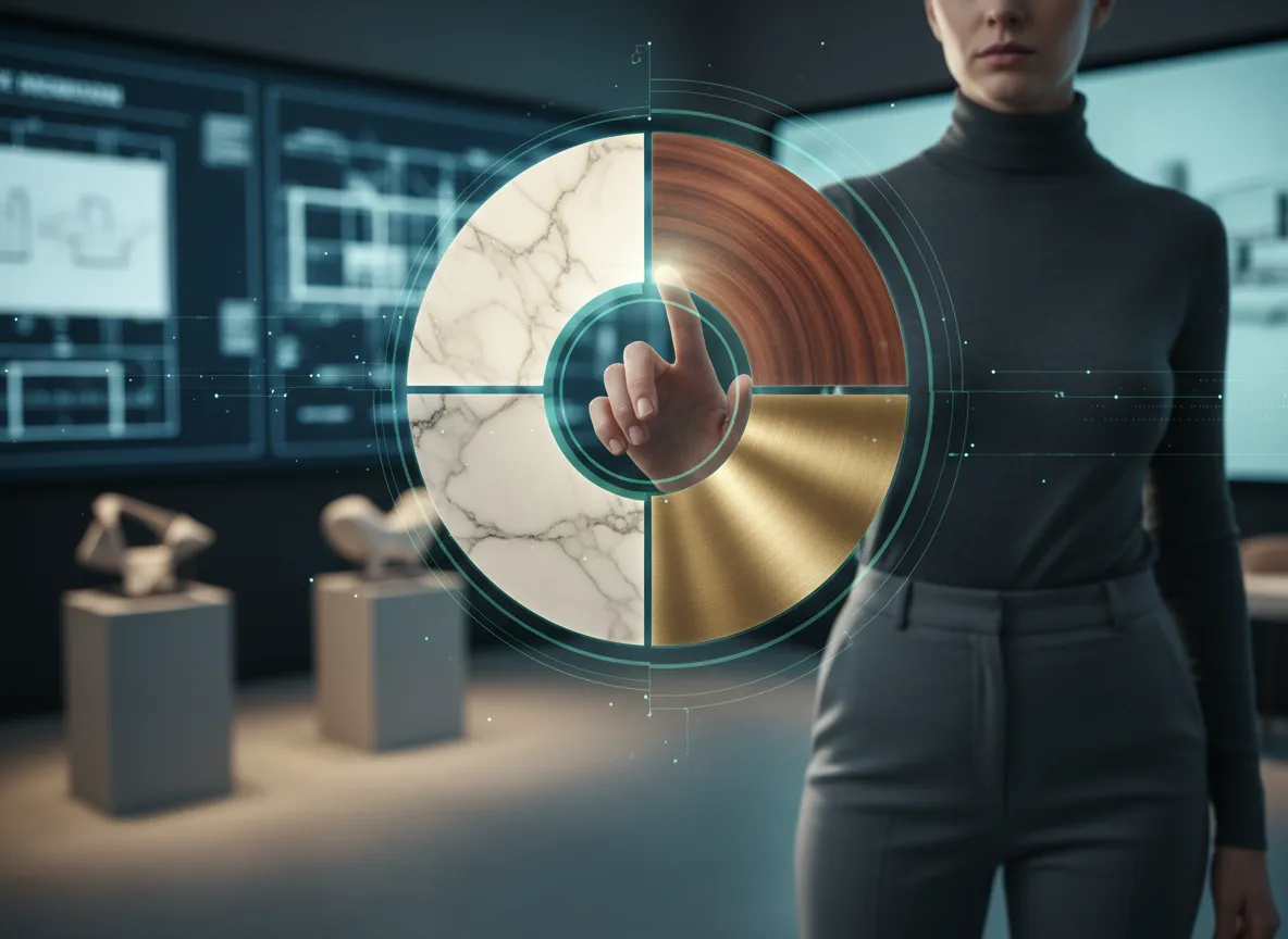 Ein KI-generiertes Bild, das einen Designer bei der Auswahl aus einer virtuellen Palette von Materialien wie Marmor, dunklem Holz und Messing zeigt.