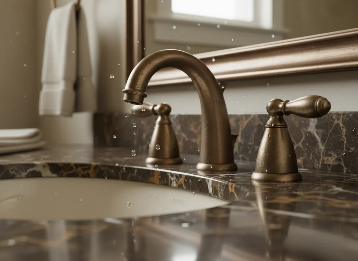 Nahaufnahme eines Badezimmerwaschtischs mit antiken Bronzearmaturen, die realistische Lichtreflexionen und Texturen zeigt, generiert von PromeAI.