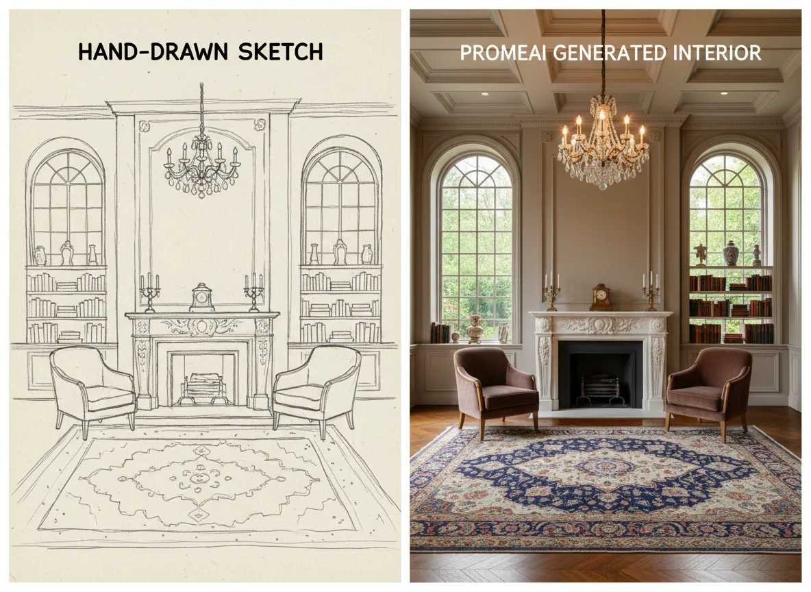 Ein direkter Vergleich, der eine einfache handgezeichnete Skizze eines Raumes und ein vollständig gerendertes, fotorealistisches symmetrisches Interieur zeigt, das von PromeAI generiert wurde.