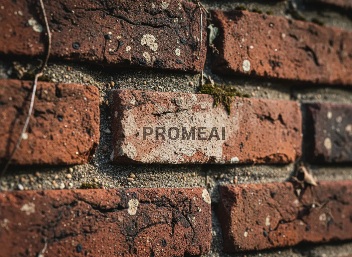PromeAI द्वारा उत्पन्न एक देहाती लाल ईंट की दीवार का अत्यंत नज़दीकी दृश्य, जिसमें विस्तृत बनावट, ग्राउट लाइनें और सूक्ष्म रंग भिन्नताएं उजागर होती हैं।
