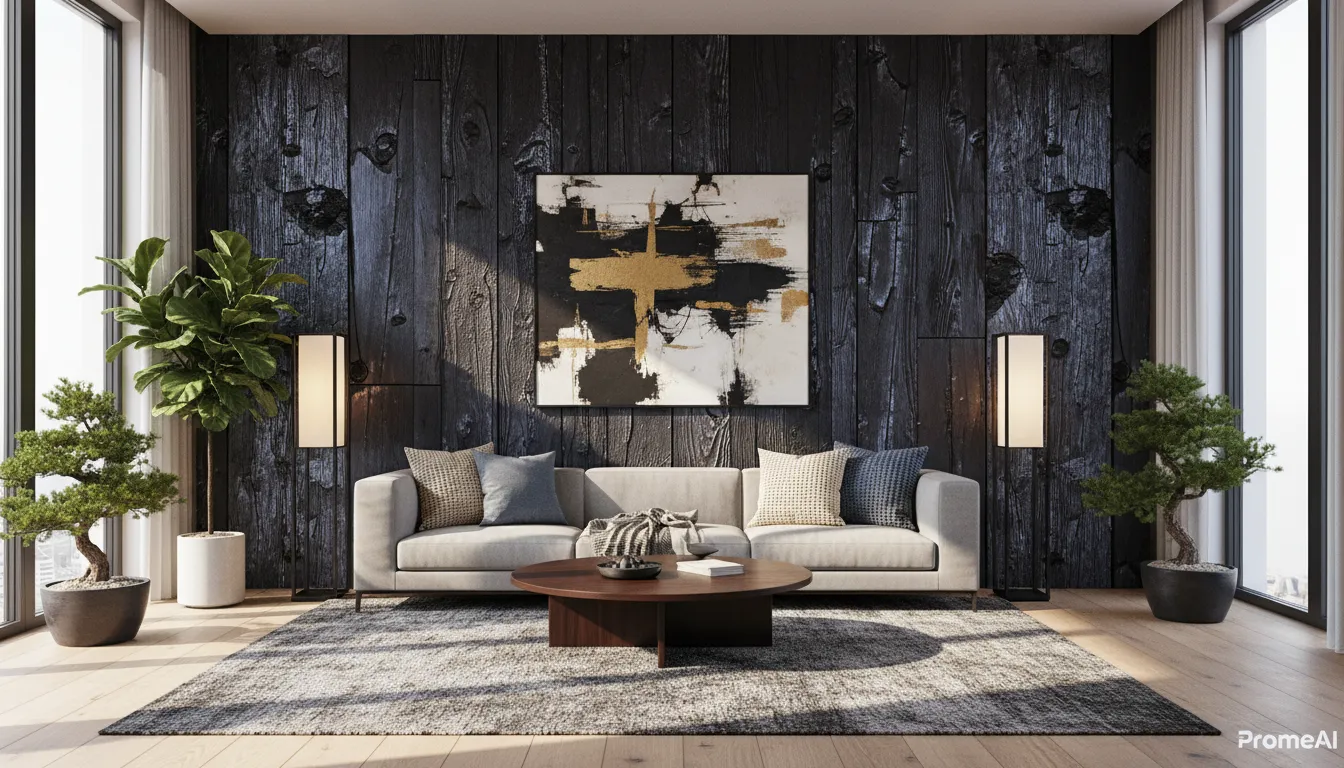 Photorealistic rendering of a modern living room with a Japanese Shou Sugi Ban accent wall, created with PromeAI.