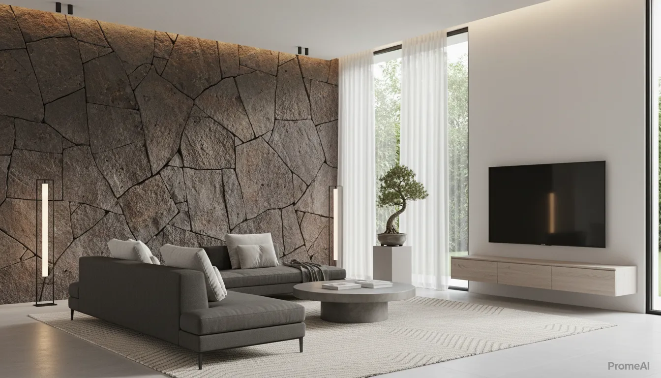 Fotorealistisches Rendering eines modernen, minimalistischen Wohnzimmers mit einer großen Akzentwand aus griechischem Vulkanstein, erstellt mit PromeAI.