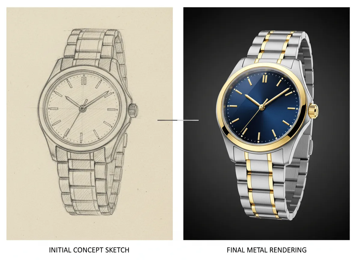 एक घड़ी के हाथ से बने स्केच और पॉलिश्ड सोने के विवरण के साथ उसकी अंतिम यथार्थवादी धातु रेंडरिंग को दिखाने वाली পাশাপাশি तुलना।