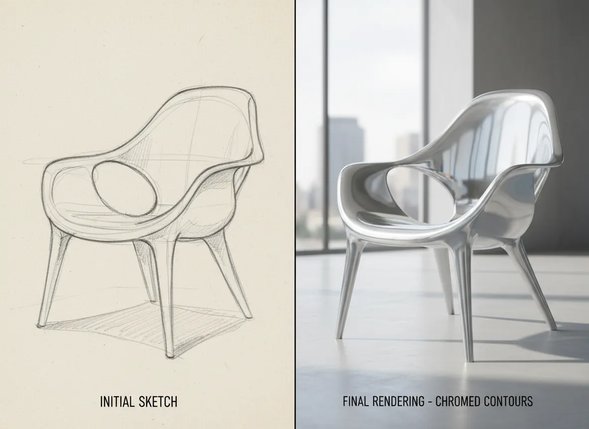Confronto affiancato che mostra un semplice schizzo di una sedia e il rendering finale fotorealistico con una finitura metallica Contorni Cromati.