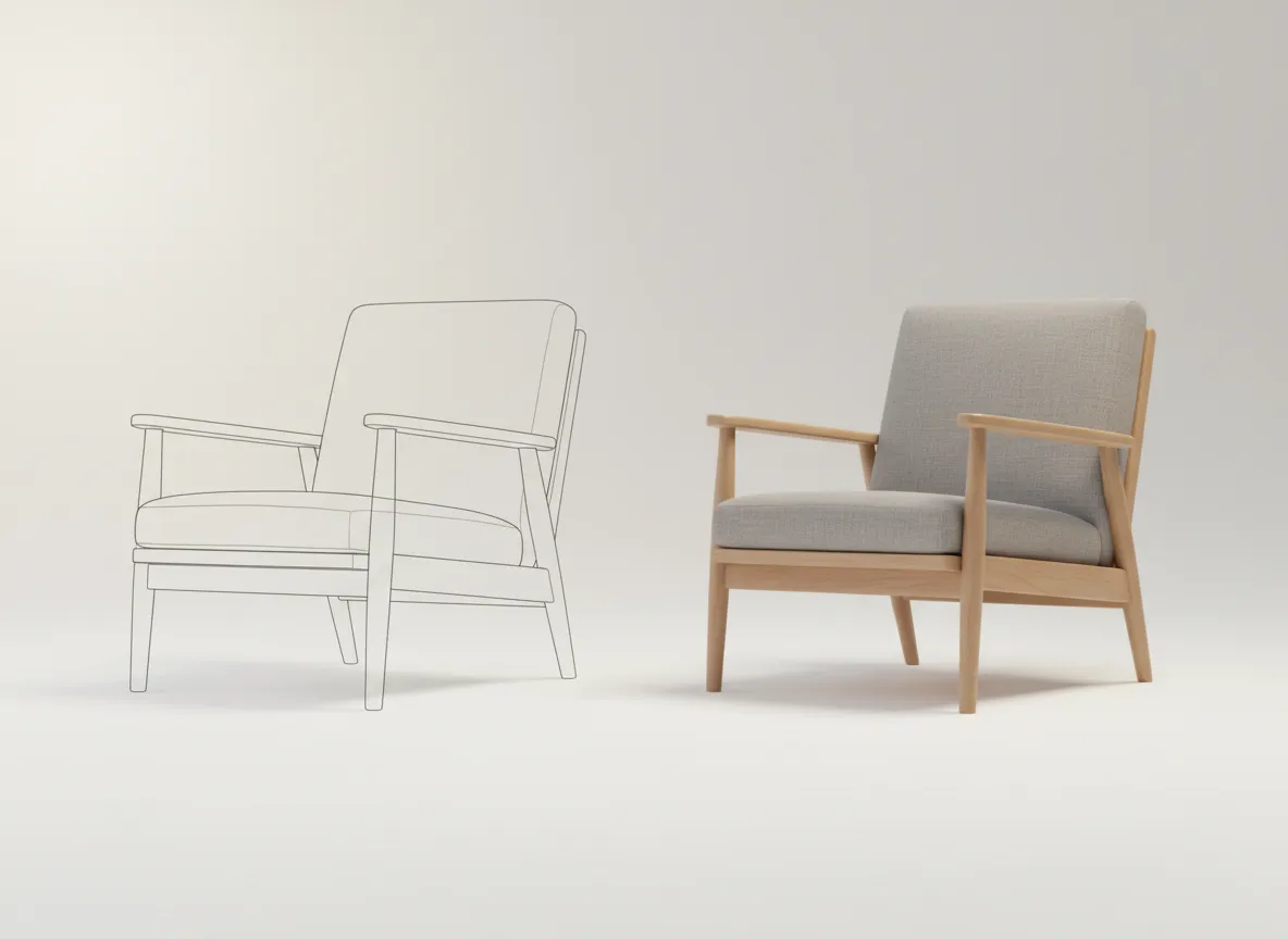 एक एनीमेशन जिसमें एक कुर्सी की साधारण लाइन ड्रॉइंग को पूरी तरह से टेक्सचर्ड और लाइट वाले 3D दिखने वाले रेंडरिंग में बदलते हुए दिखाया गया है।