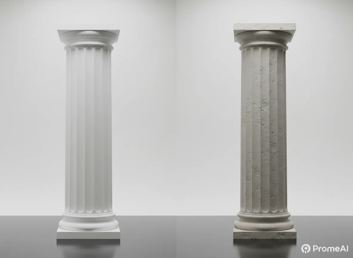 एक वास्तुशिल्प स्तंभ का बिना बनावट वाला सफेद 3D मॉडल, जिसके बगल में PromeAI द्वारा विस्तृत, हल्के भूरे रंग की मिट्टी के रेंडर से पूरी तरह से बनावट वाला वही मॉडल है।