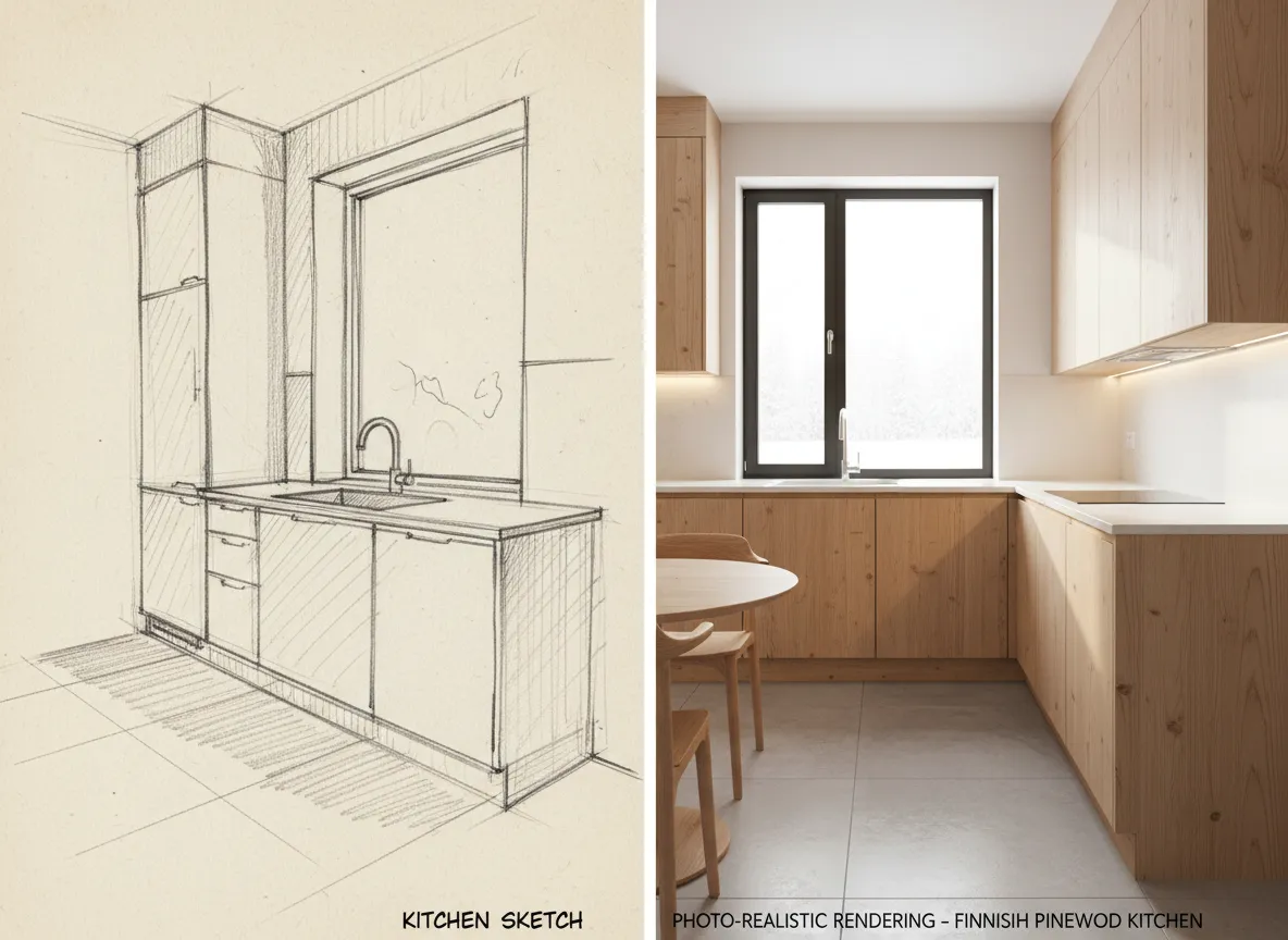 Gegenüberstellung einer handgezeichneten Skizze einer Küche und einem fotorealistischen Rendering mit hellen Holzküchenschränken aus finnischem Kiefernholz.