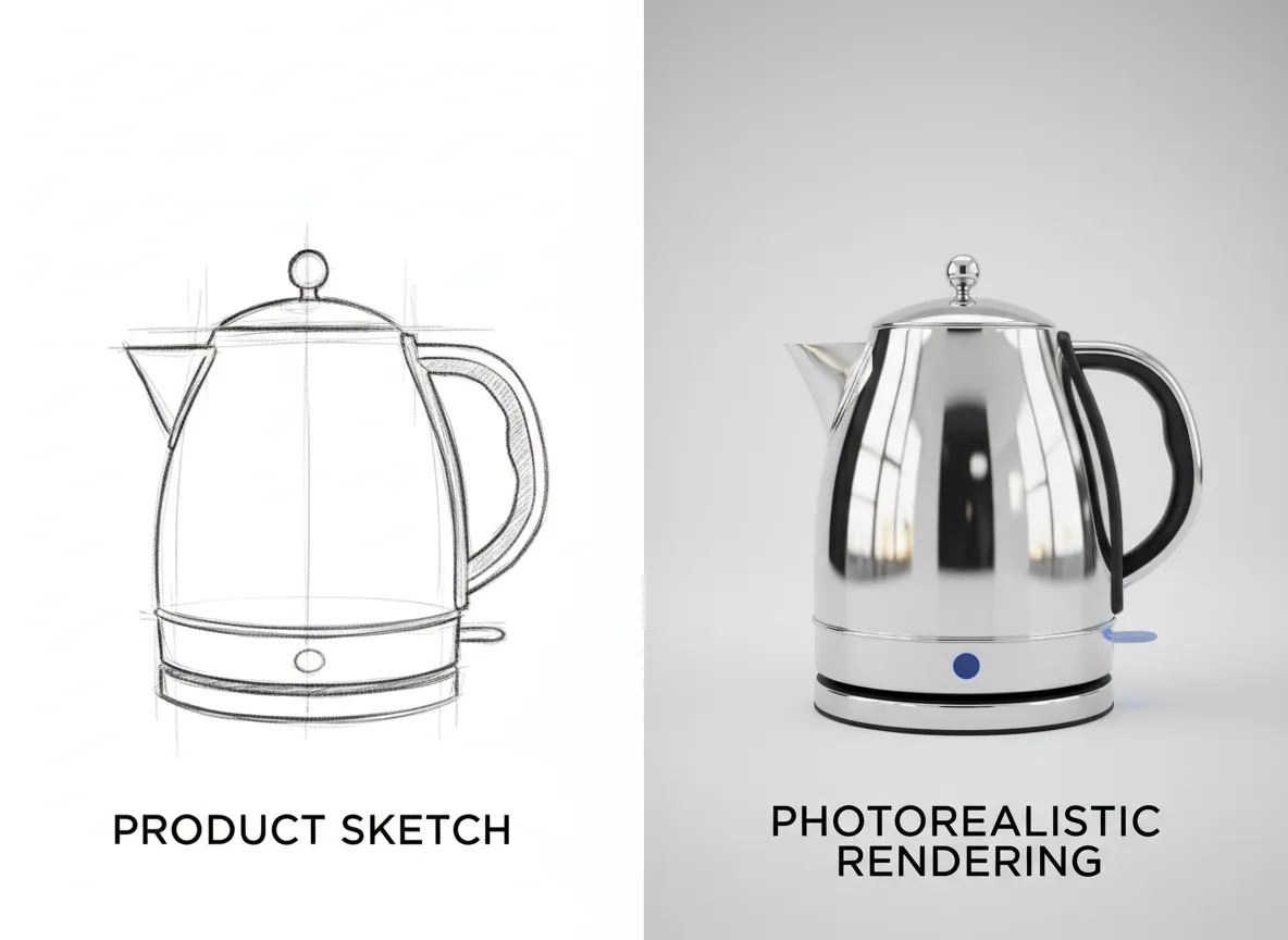 एक साधारण उत्पाद स्केच और चमकदार परावर्तन वाली क्रोम केतली की फोटो-यथार्थवादी रेंडरिंग दिखाने वाली अगल-बगल की तुलना।