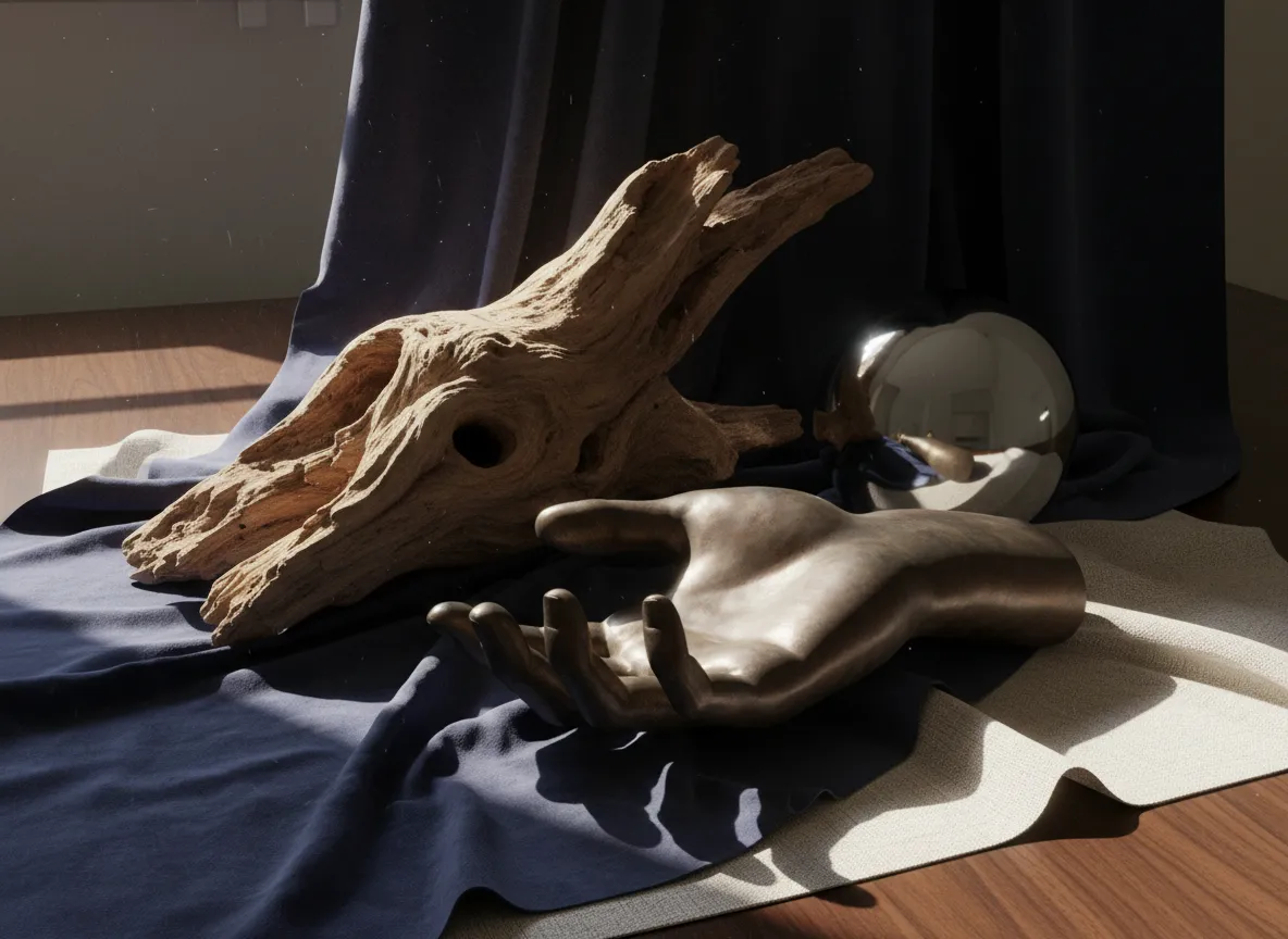 Eine Nahaufnahme eines KI-generierten Renderings, die das realistische Spiel von Licht und Schatten auf verschiedenen Materialien wie Holz, Metall und Stoff hervorhebt.