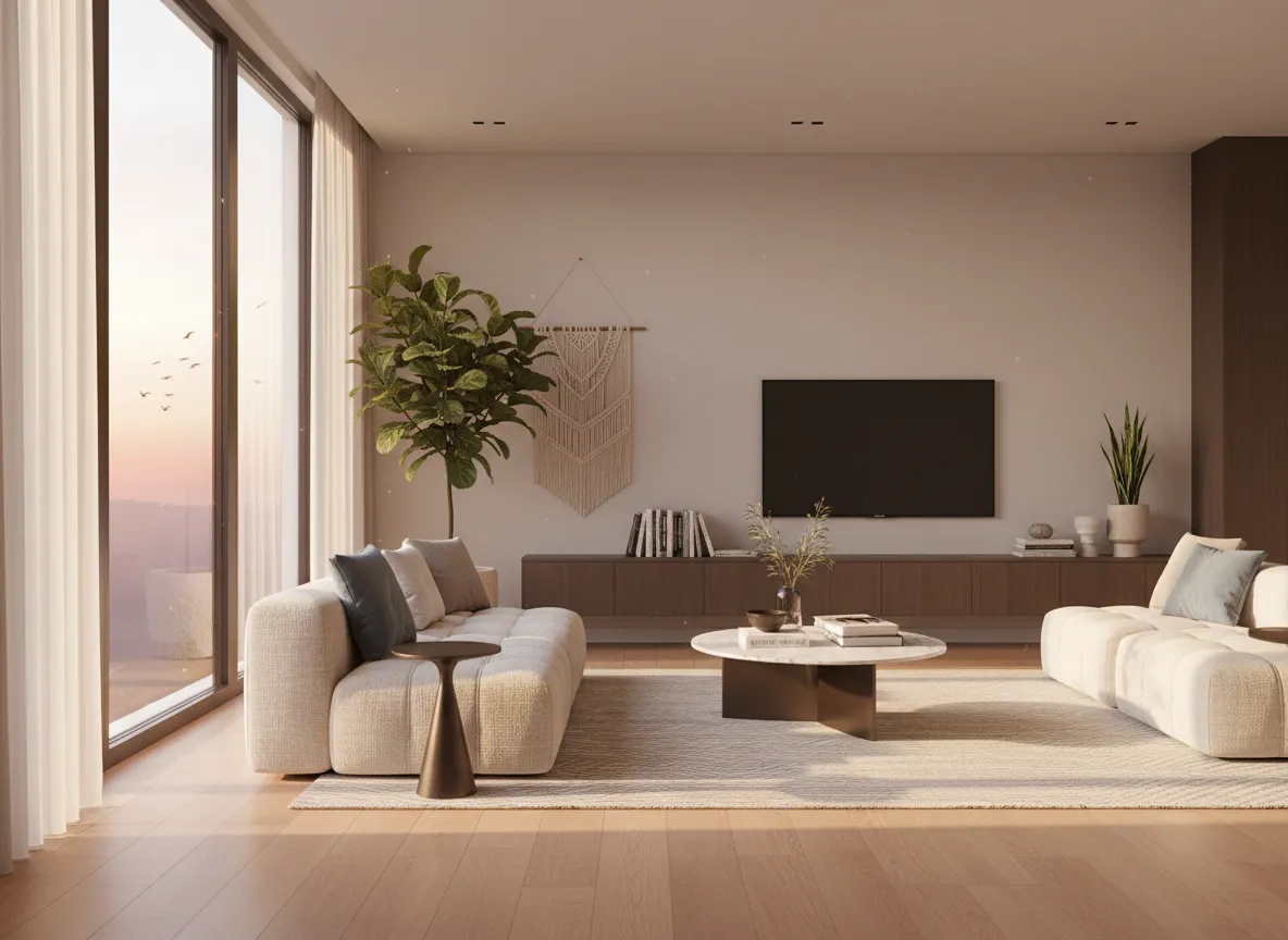 एक ही लिविंग रूम के चार रेंडर किए गए वेरिएशन, प्रत्येक एक अलग इंटीरियर लाइटिंग सिमुलेशन दिखा रहा है: सुबह, दोपहर, शाम और रात।