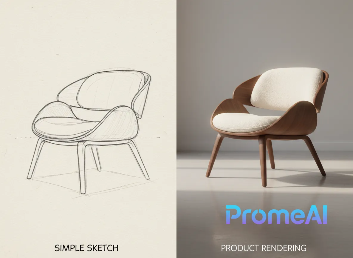 एक कुर्सी के साधारण लाइन स्केच और PromeAI द्वारा बनाए गए एक विस्तृत, पूरी तरह से रेंडर किए गए उत्पाद डिज़ाइन की साथ-साथ तुलना।