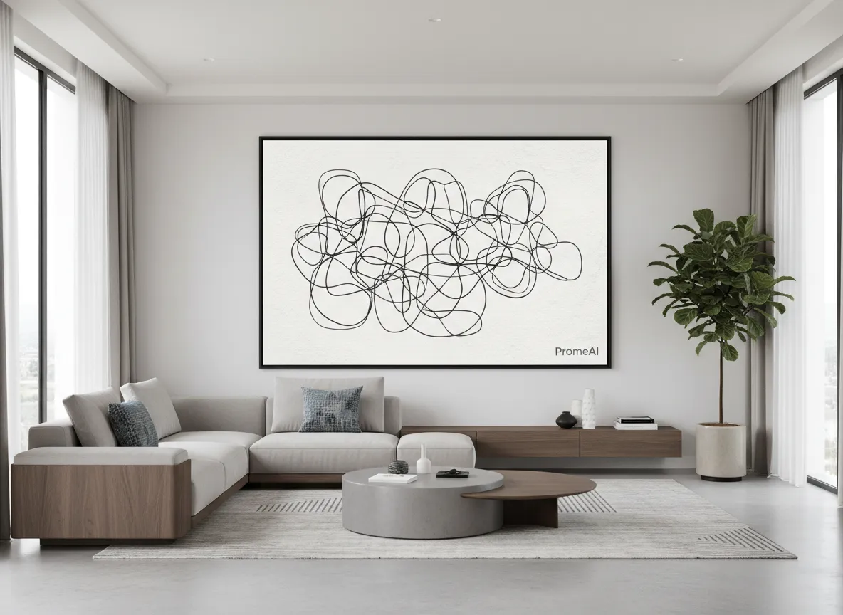 एक आधुनिक लिविंग रूम का मॉकअप, जिसमें दीवार पर PromeAI से बनाई गई सार रेखा कला का एक बड़ा, फ़्रेम किया हुआ टुकड़ा लटका हुआ है।