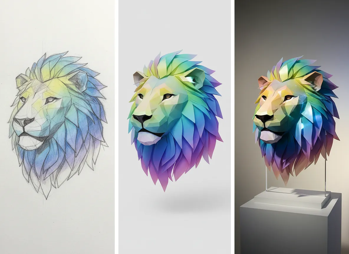 एक ट्रिप्टिच जिसमें हाथ से बनाया गया स्केच, एक 3D मॉडल और एक फ़ोटोग्राफ़ दिखाया गया है, सभी को एक ही सुसंगत ग्रेडिएंट प्रिज़्म शैली के साथ प्रस्तुत किया गया है।