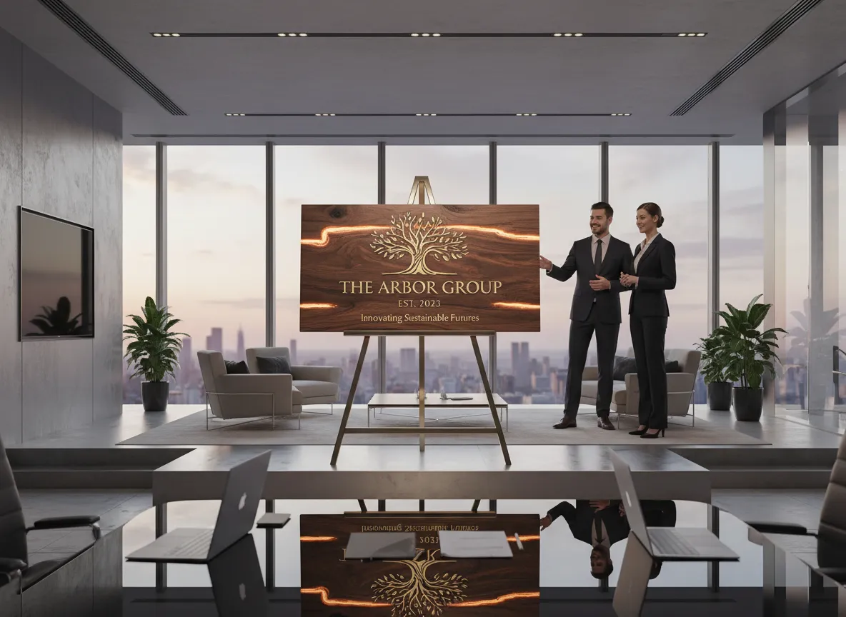 एक क्लाइंट प्रस्तुति का अनुकरण करने के लिए एक स्टाइलिश कार्यालय वातावरण में प्रस्तुत कस्टम लेजर-उत्कीर्ण साइन की एक रेंडर की गई छवि।