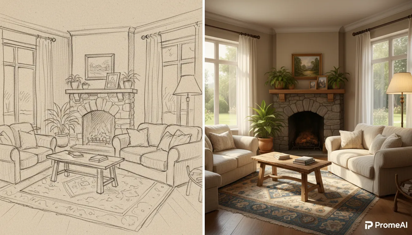 PromeAI द्वारा बनाए गए एक लिविंग रूम के हाथ से बने स्केच और उसी जगह के फ़ोटो-यथार्थवादी AI रेंडरिंग की अगल-बगल तुलना।
