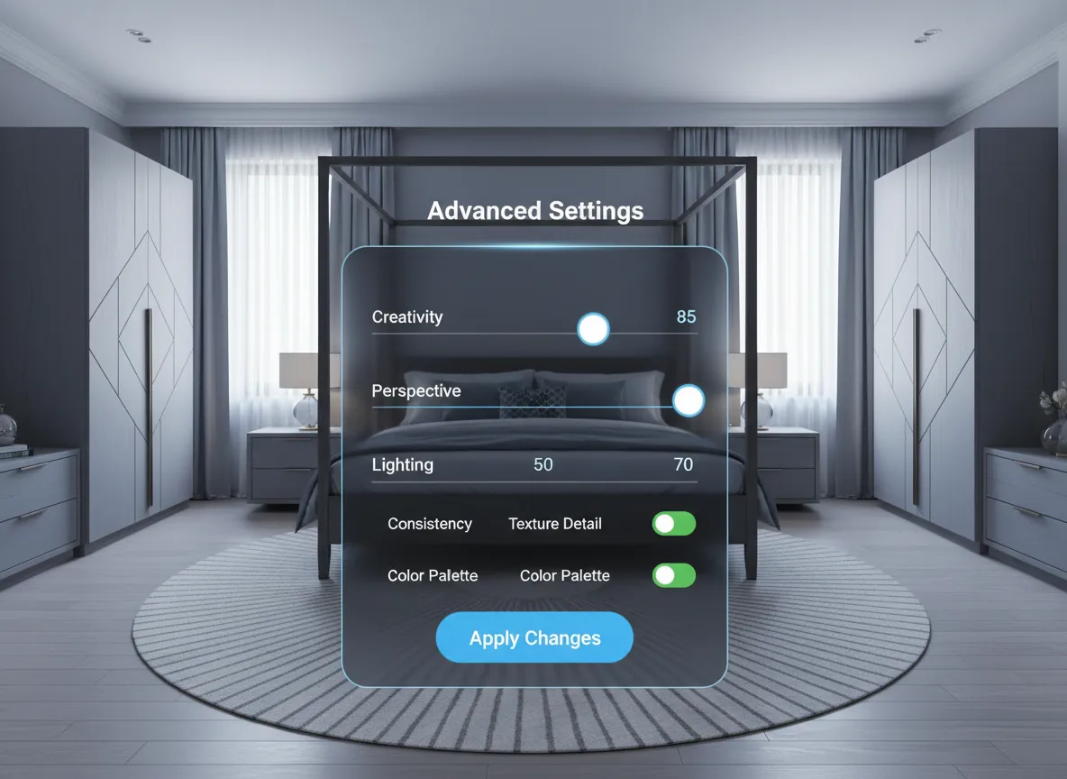 Ein Screenshot der Benutzeroberfläche von PromeAIs erweiterten Einstellungen, der Schieberegler für Kreativität, Perspektive und Beleuchtung über einem symmetrischen Schlafzimmerdesign zeigt.