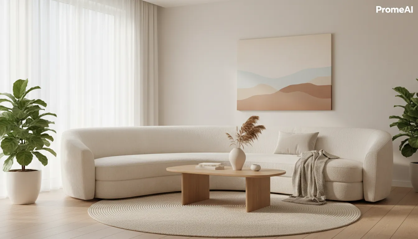 Ein fotorealistisches Rendering eines ruhigen Wohnzimmers im Soft-Minimalism-Stil, mit einem geschwungenen Sofa und natürlichem Licht, erstellt mit PromeAI.