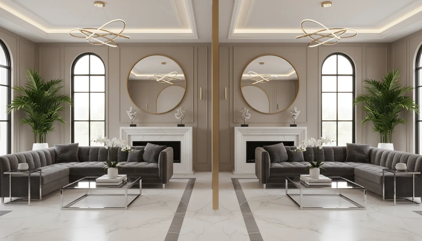 PromeAI की मिरर की गई परतों की सुविधा के साथ बनाया गया एक पूरी तरह से सममित लिविंग रूम का रेंडरिंग, जिसमें एक सोफ़ा और खिड़कियाँ उत्तम संतुलन में दिखाई दे रही हैं।