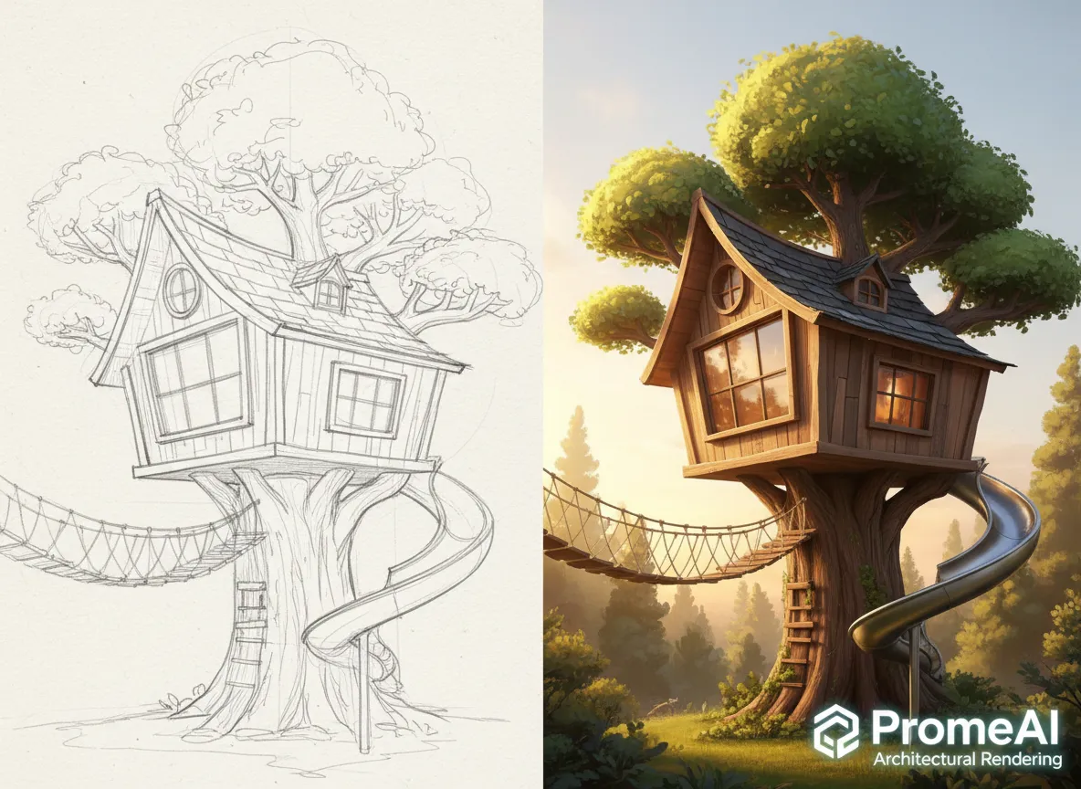 Eine animierte Sequenz, die zeigt, wie eine handgezeichnete Skizze eines Baumhauses von PromeAI in ein detailliertes, realistisches Architektur-Rendering umgewandelt wird.