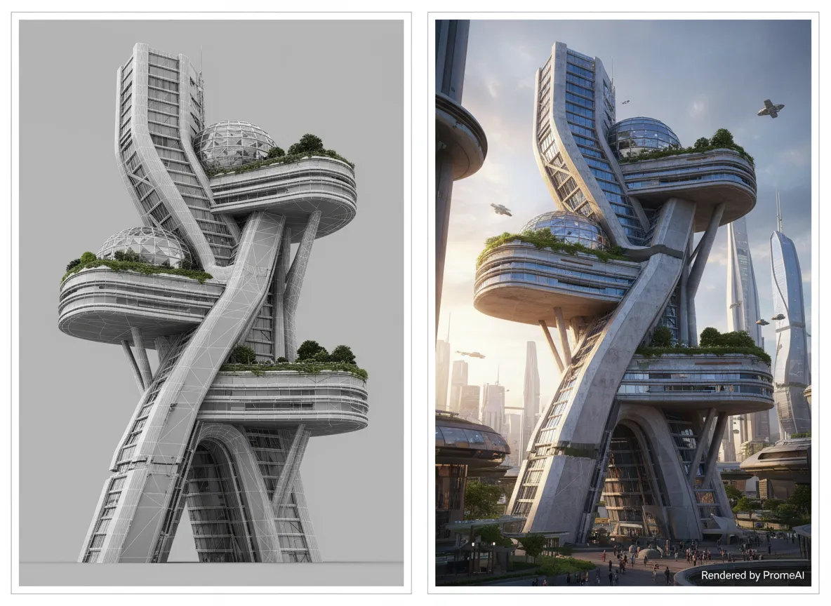 Ein untexturiertes 3D-Modell eines komplexen Gebäudes neben der vollständig gerenderten, fotorealistischen Version, die von PromeAI erstellt wurde.
