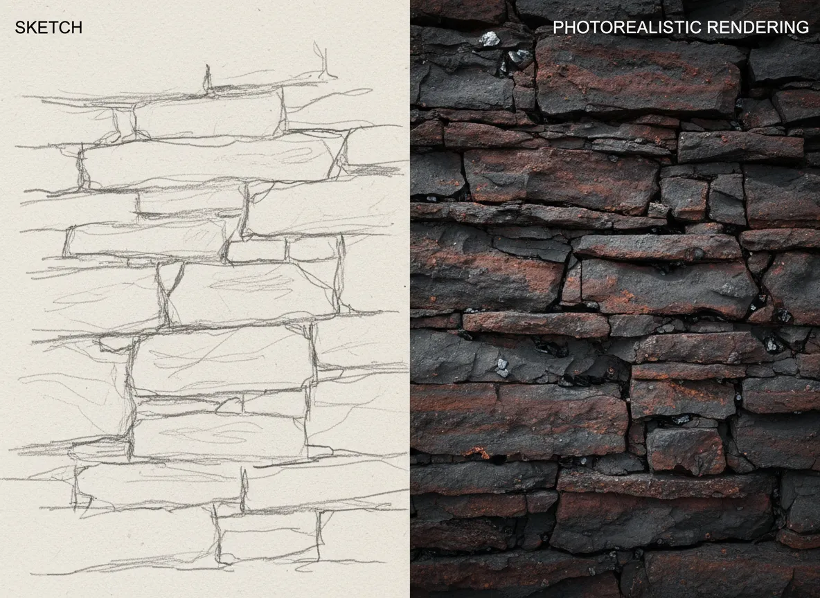 एक स्प्लिट स्क्रीन जिसमें बाईं ओर एक दीवार का साधारण हाथ से बनाया गया स्केच और दाईं ओर उसी दीवार पर ज्वालामुखीय परतों की बनावट का फ़ोटोरियलिस्टिक रेंडरिंग दिखाया गया है।