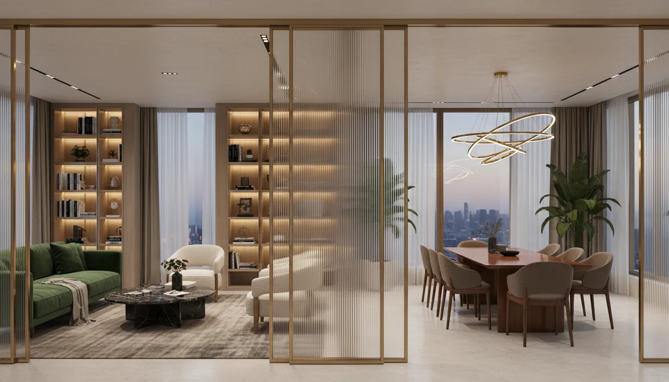 Ein fotorealistisches Rendering eines luxuriösen, offenen Wohnzimmers, das elegant durch eine geriffelte Glas- und Messingtrennwand geteilt wird und das Konzept der luxuriösen Raumtrennung demonstriert.