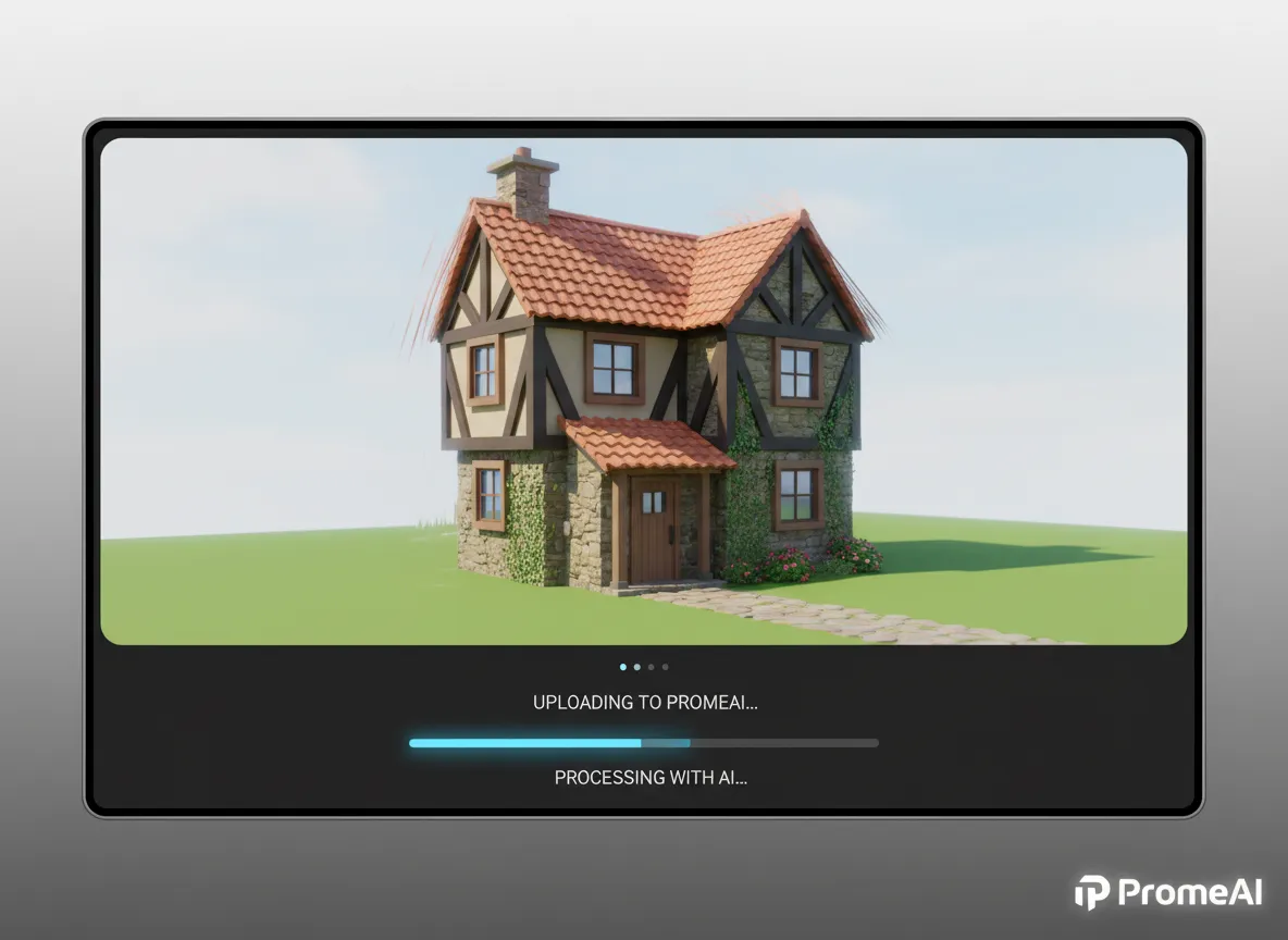 एक एनीमेशन जिसमें एक घर के सरल, बिना बनावट वाले 3D मॉडल को PromeAI पर अपलोड किया जा रहा है और तुरंत एक विस्तृत, बनावट वाले रेंडरिंग में बदलते हुए दिखाया गया है।