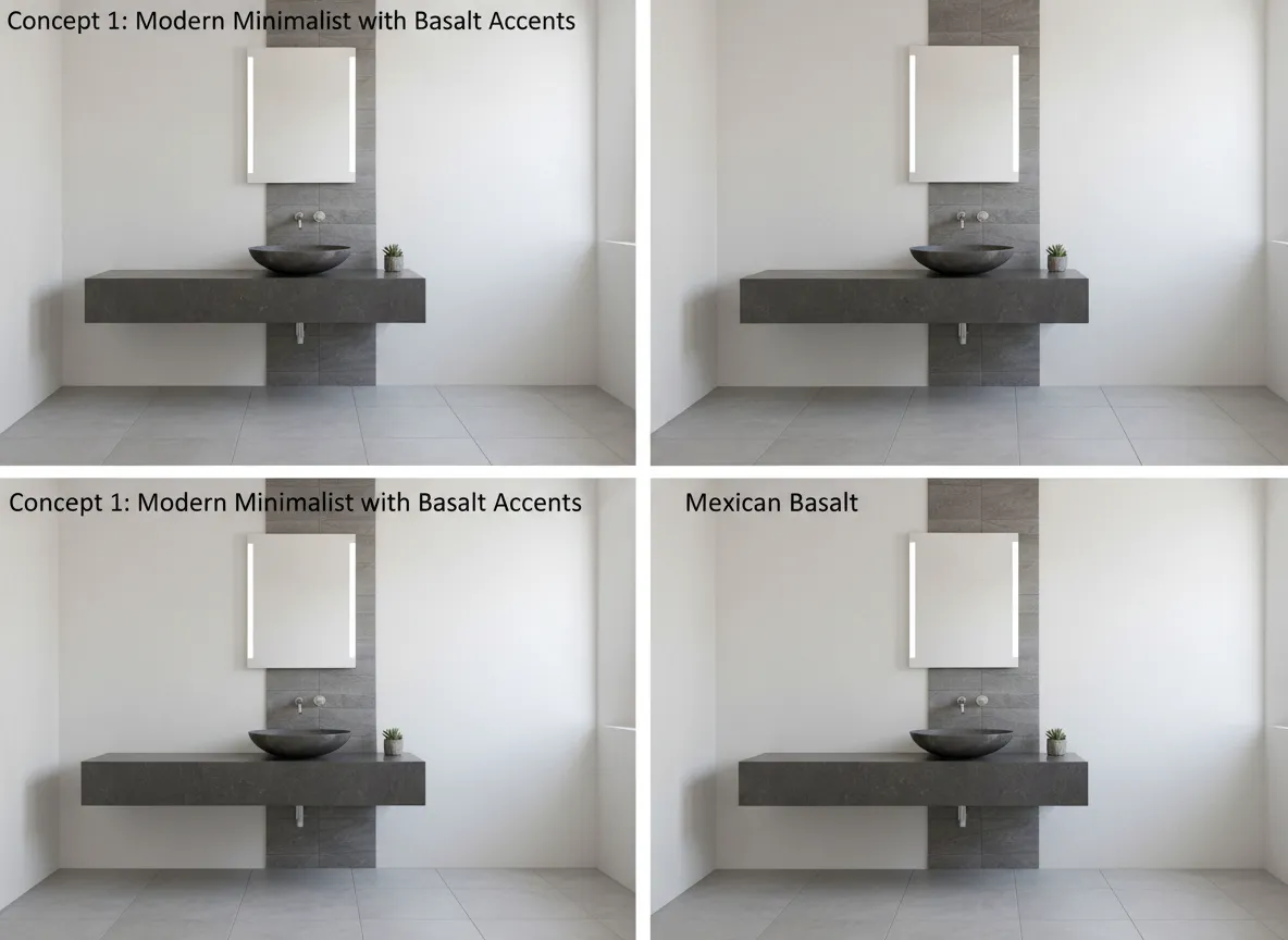 Eine Auswahl von vier verschiedenen Designkonzepten für ein Badezimmer, alle mit mexikanischem Basalt in verschiedenen Anwendungen wie Waschbecken, Wänden und Böden.