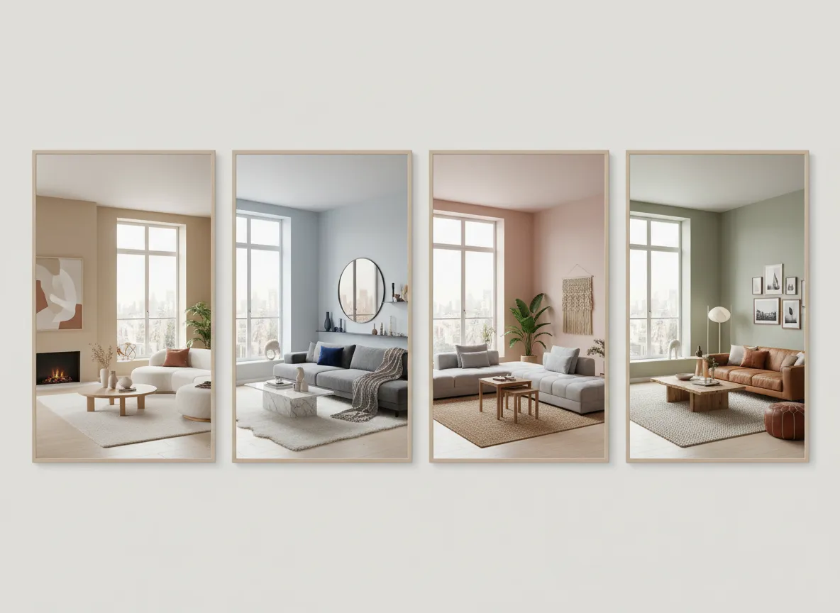 Eine Galerie mit vier verschiedenen Einrichtungsvarianten desselben Raumes, die unterschiedliche Möbel und Farbschemata im Stil des Soft Minimalism zeigen.