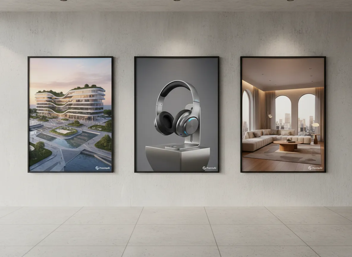 विभिन्न रेंडरिंग की एक गैलरी जिसमें एक आर्किटेक्चरल एक्सटीरियर, एक प्रोडक्ट डिज़ाइन, और एक इंटीरियर कमरा शामिल है, ये सभी PromeAI द्वारा बनाए गए हैं।