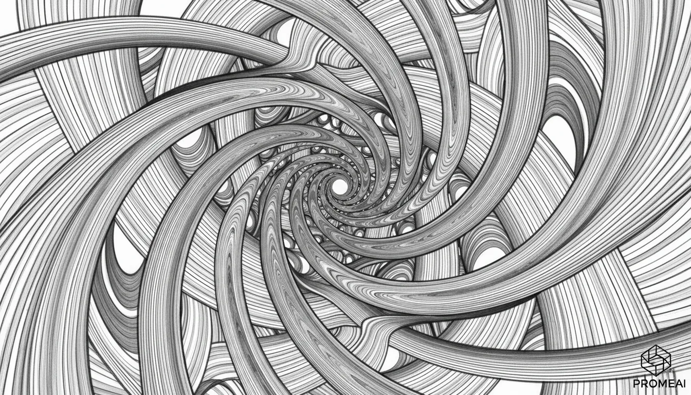 PromeAI द्वारा बनाई गई काले और सफेद सार रेखा कला का एक जटिल नमूना, जिसमें बहती हुई, आपस में जुड़ी हुई वक्र रेखाएं दिख रही हैं।