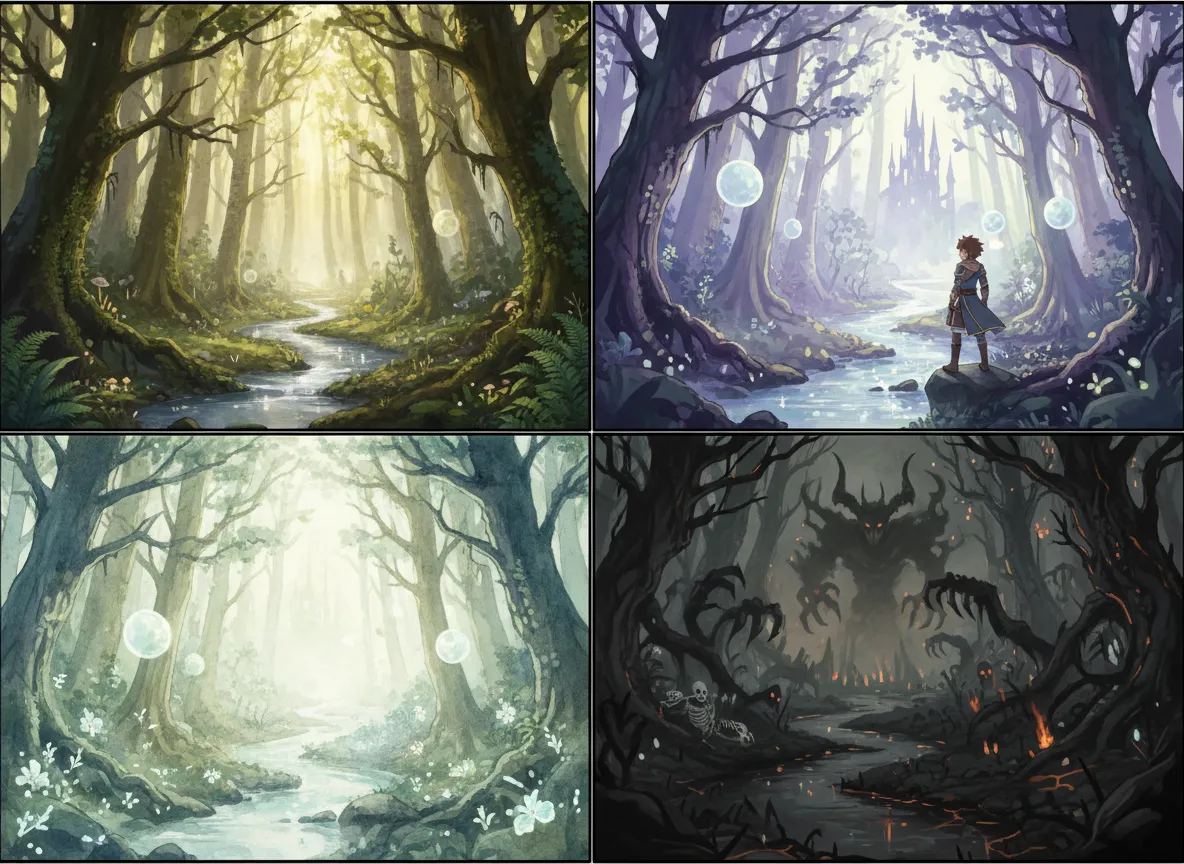 Ein Raster, das dieselbe Waldszene in vier verschiedenen Stilen gerendert zeigt: fotorealistisch, Anime, Aquarell-Illustration und Dark-Fantasy-Konzeptkunst.