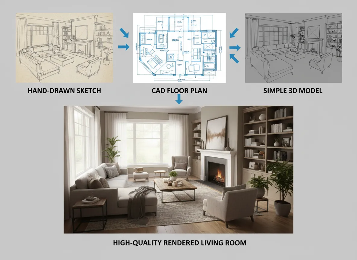 एक ग्रिड जो कई इनपुट प्रकार दिखा रहा है: हाथ से बनाया गया स्केच, एक CAD फ़्लोर प्लान, और एक साधारण 3D मॉडल, सभी एक ही, उच्च-गुणवत्ता वाले रेंडर किए गए लिविंग रूम की ओर इशारा कर रहे हैं।