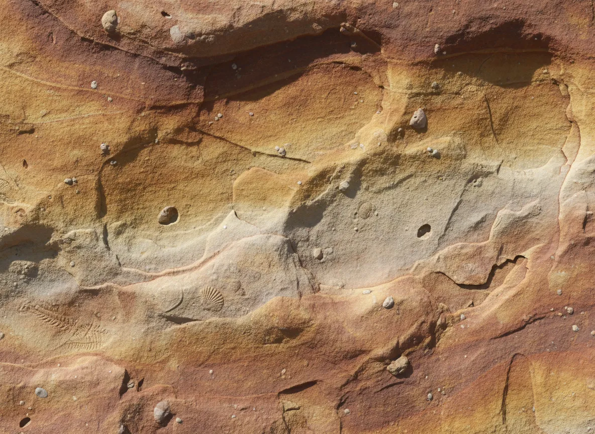 एक आंतरिक दीवार पर यथार्थवादी सैंडस्टोन बनावट और रंग भिन्नताओं को प्रदर्शित करने वाला क्लोज-अप AI रेंडर।