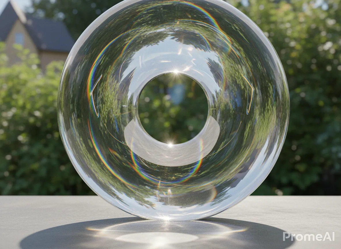 एक घुमावदार कांच की सतह पर यथार्थवादी प्रकाश अपवर्तन और परावर्तन को प्रदर्शित करने वाले PromeAI रेंडरिंग का क्लोज़-अप विवरण।