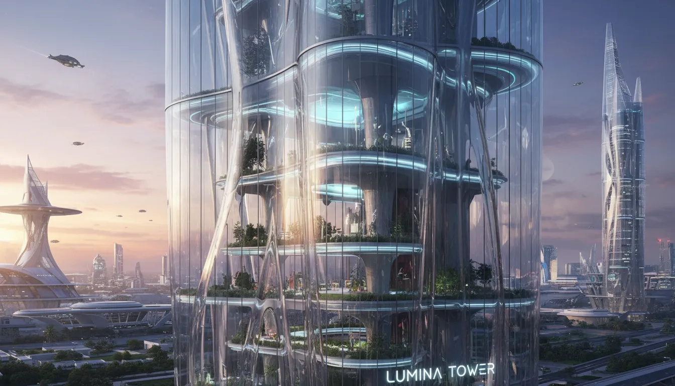 PromeAI की ग्लास फ्लो शैली का उपयोग करके बनाए गए एक बहते, पारदर्शी कांच के फ़साड के साथ एक भविष्य की इमारत का फ़ोटोरियलिस्टिक रेंडर।