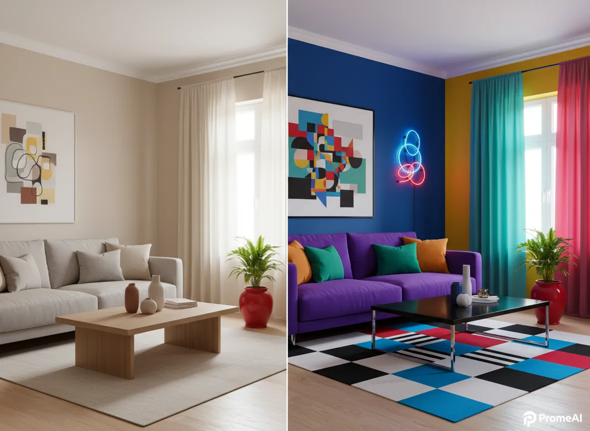 Ein direkter Vergleich eines schlichten, neutral farbigen Raumes und desselben Raumes, der mit einem markanten Chromatic-Contrast-Schema von PromeAI neu gestaltet wurde.