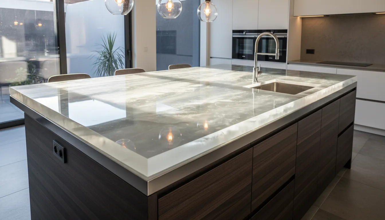 Ein fotorealistisches Rendering einer modernen Kücheninsel mit einer Arbeitsplatte in Schichtglanz, die realistische Lichtreflexionen zeigt.