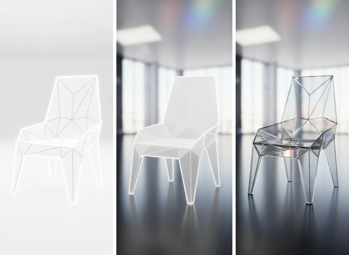 एक कुर्सी का 3D व्हाइट मॉडल जिसे पारदर्शी सामग्रियों के साथ फ़ोटोरियलिस्टिक रेंडर में बदला जा रहा है।