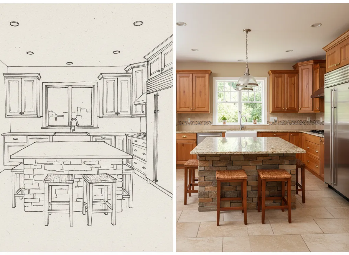 Un confronto affiancato che mostra un semplice schizzo a linee di una cucina e un'immagine completamente renderizzata con mobili in legno dettagliati e un'isola in pietra.