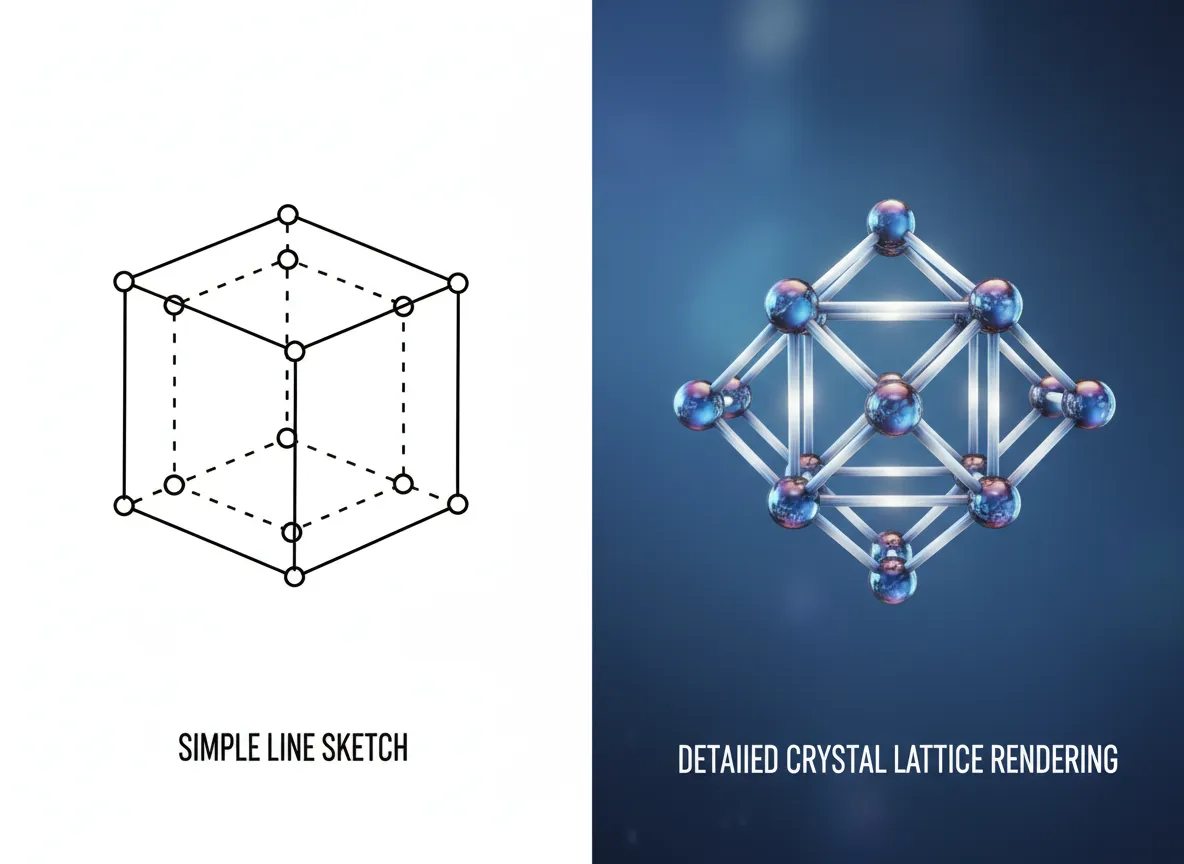 Direkter Vergleich, der links eine einfache Linien-Skizze und rechts ein detailliertes Crystal Lattice-Rendering zeigt.