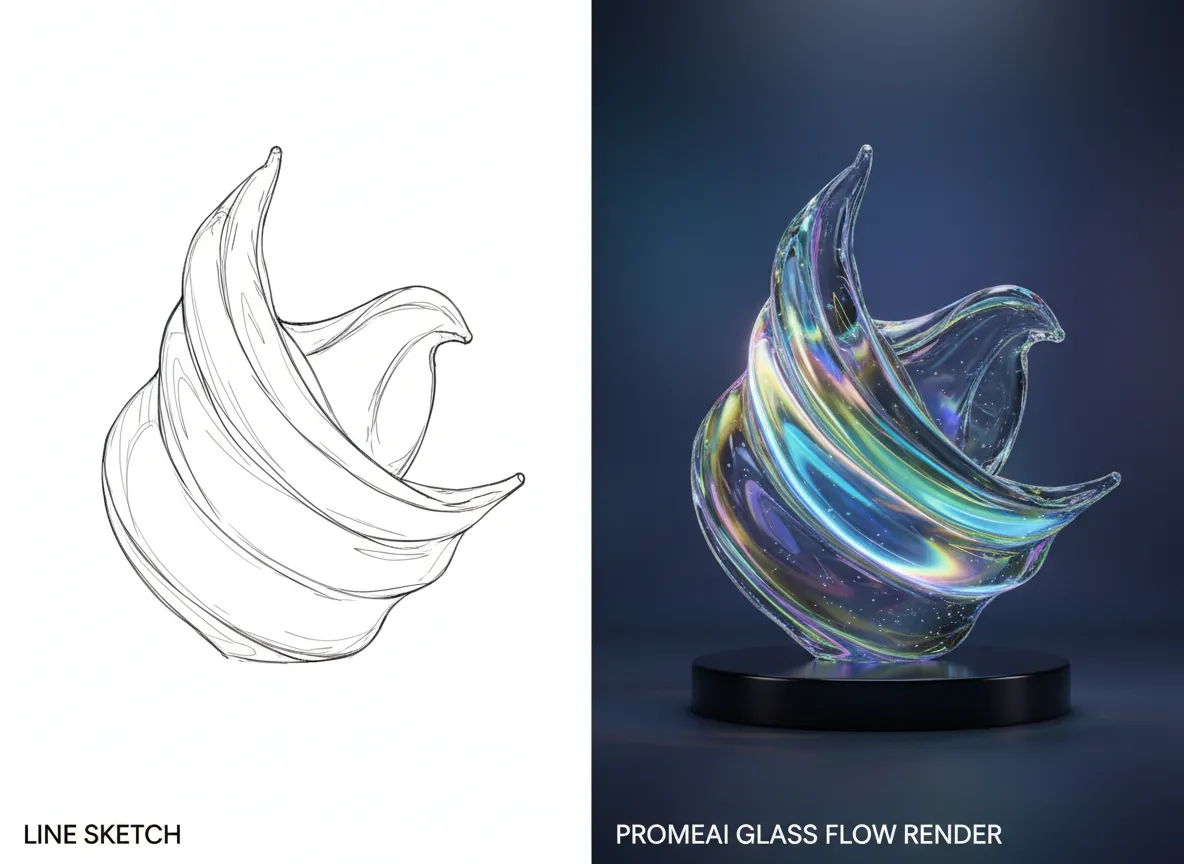 एक साधारण लाइन स्केच और PromeAI द्वारा उत्पन्न विस्तृत ग्लास फ्लो रेंडर की साथ-साथ तुलना।